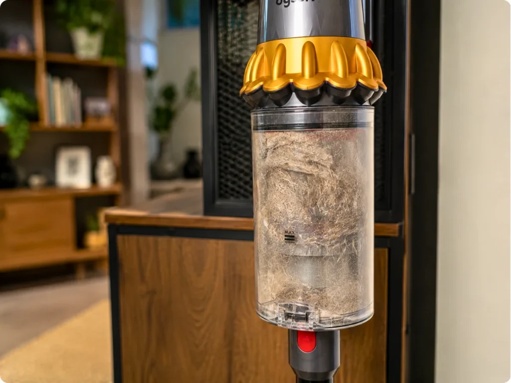 Dust and debris collected by the Dyson after cleaning carpet