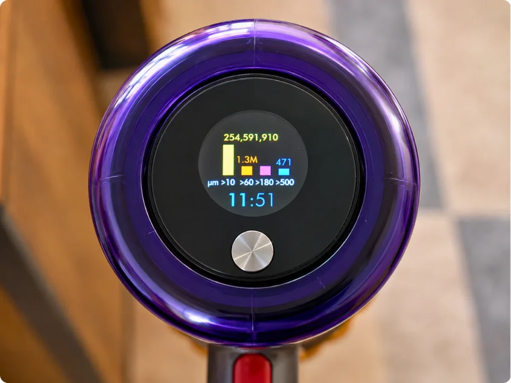 LCD screen showing particle counts and remaining runtime