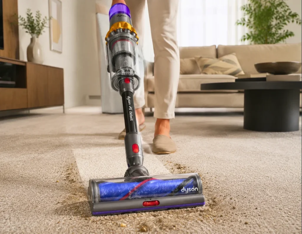 Dyson V15 Detect Pro cordless vacuum cleaning carpet