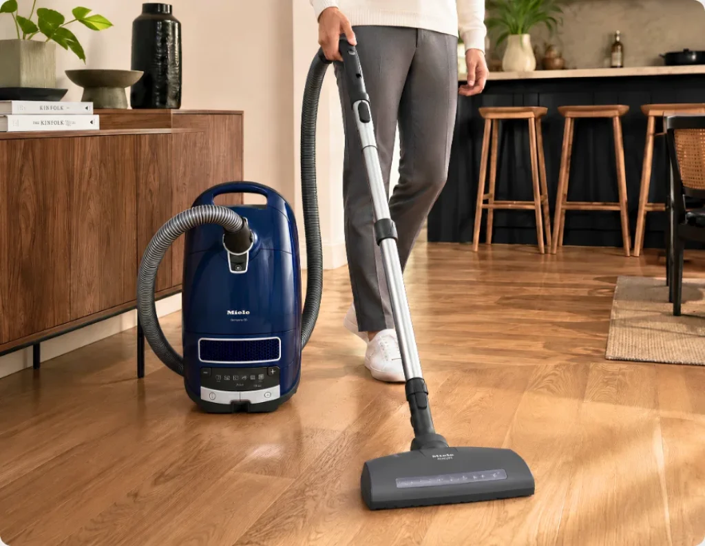 Miele Complete C3 Marin canister vacuum cleaning hardwood floors