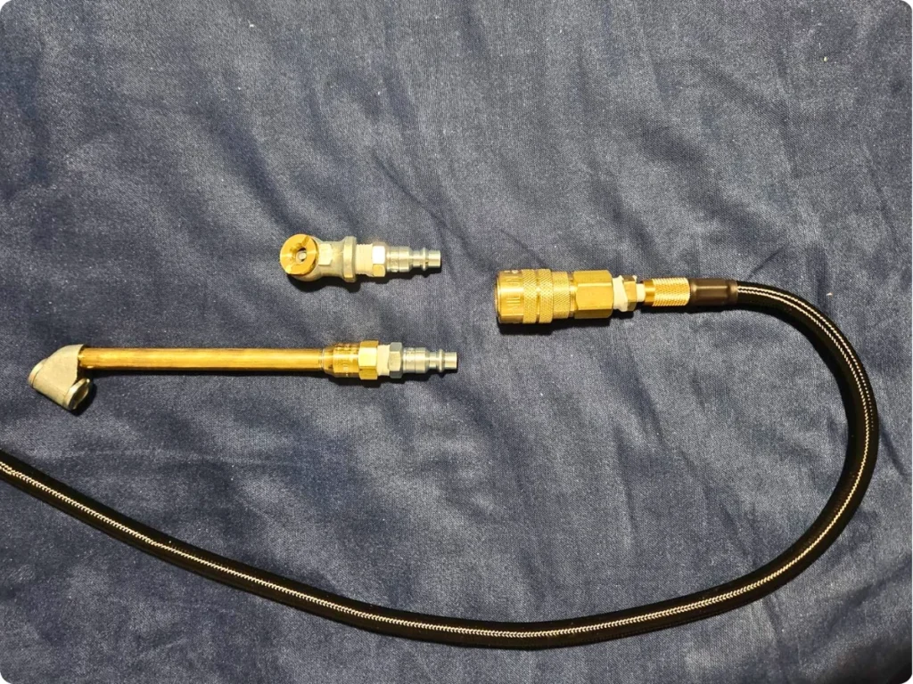 Milwaukee M18 inflator hose with brass chuck and quick-connect fittings